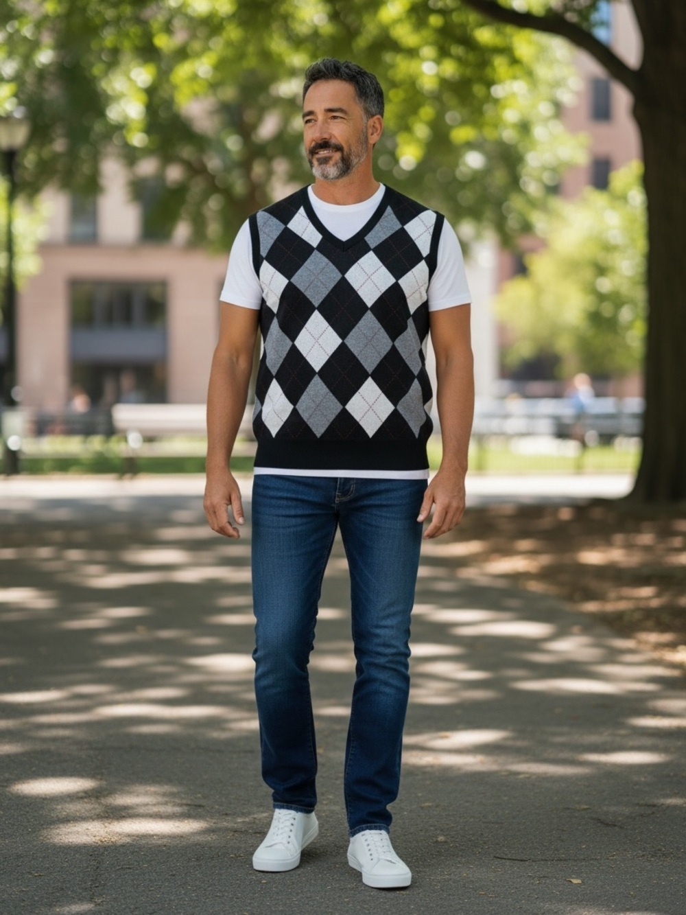Men's Black & Gray Argyle V-Neck Knit Vest